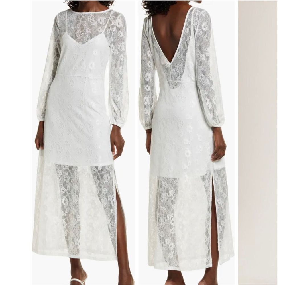 Open Edit Sheer Lace Long Sleeve Maxi Dress in ivory stretch size XXS NWT